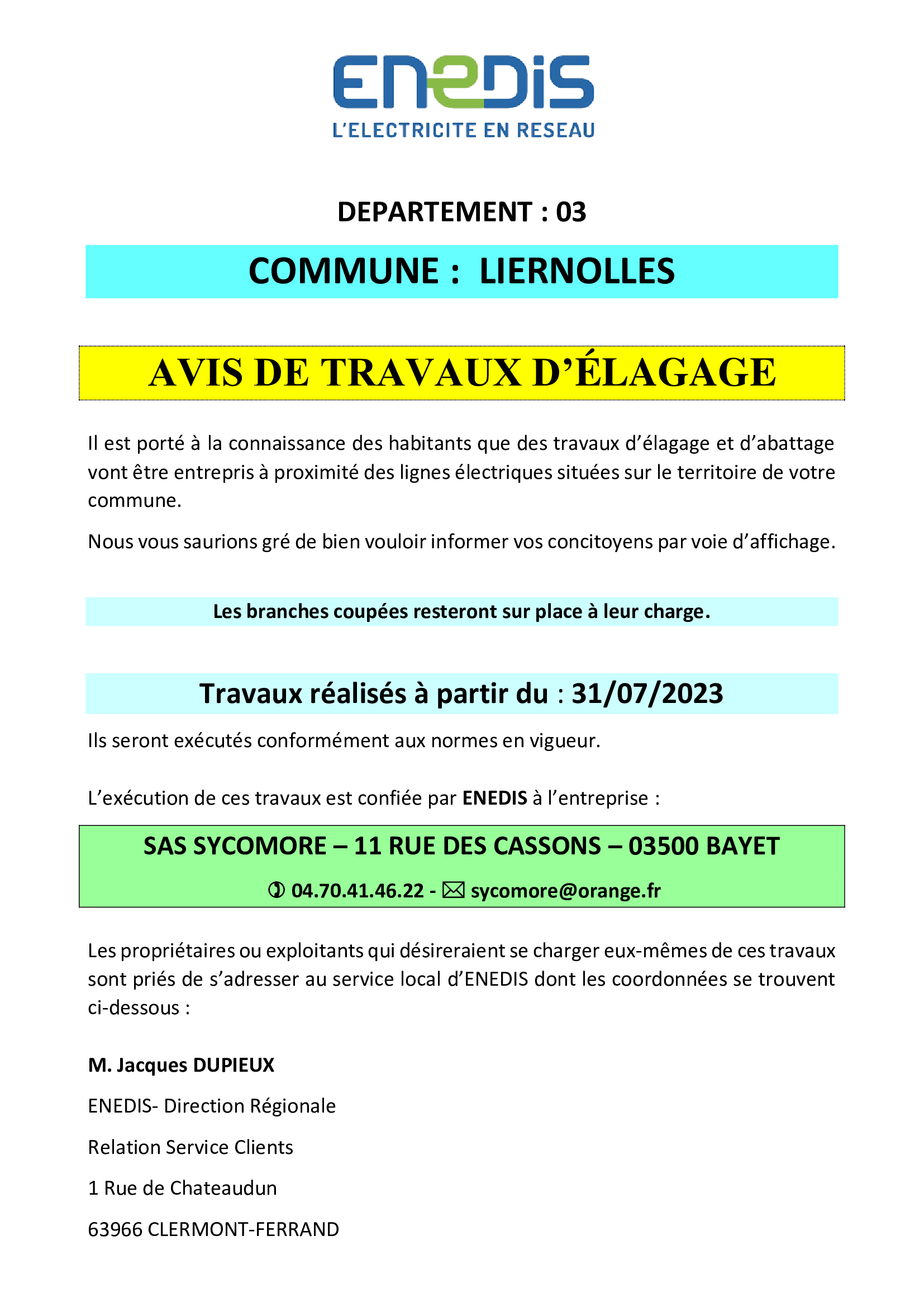 A partir du 31/07/2023 Elagage sur la commune de Liernolles